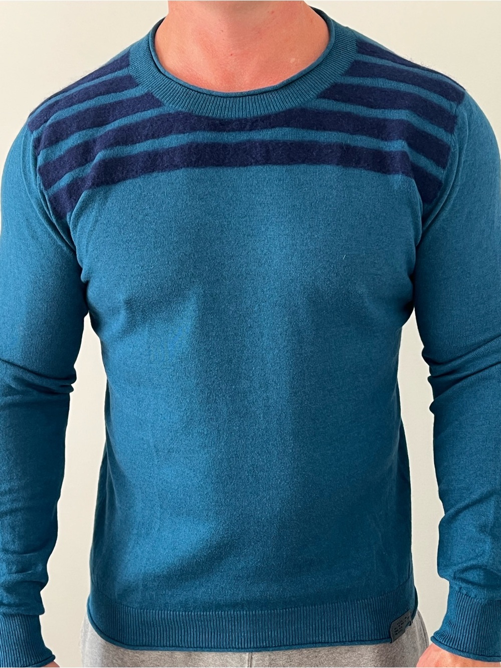 Diesel Tricot $Co Teal Crewneck Sweater with Navy Stripe Detail